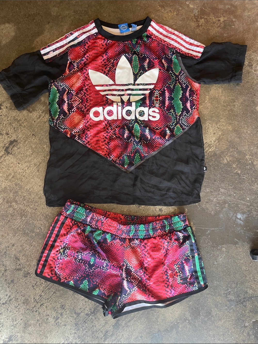 adidas Red, Green & Black Snake Print Tee and Shorts Set